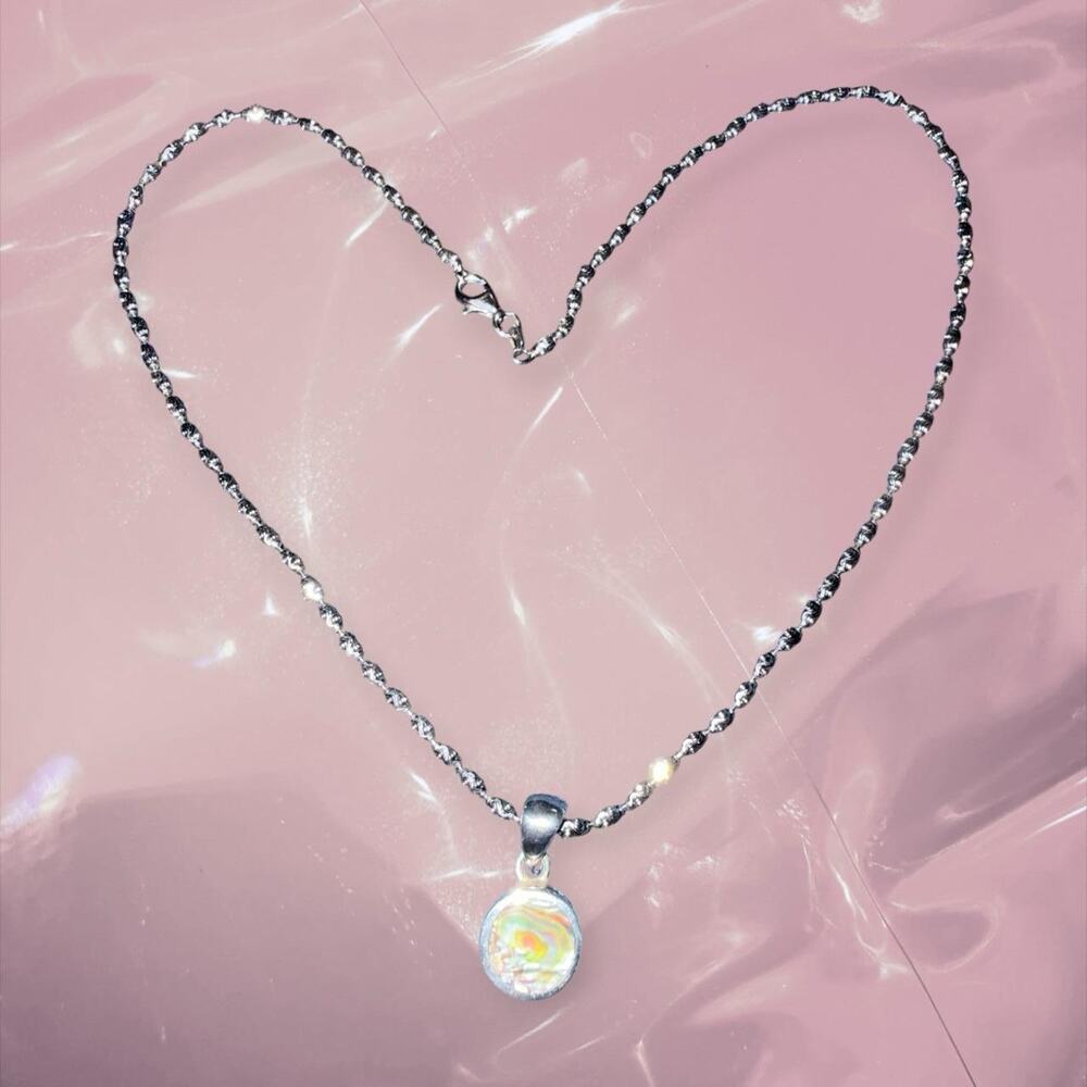 Y2K fairycore 925 Sterling Silver rainbow abalone shell necklace sparkle chain